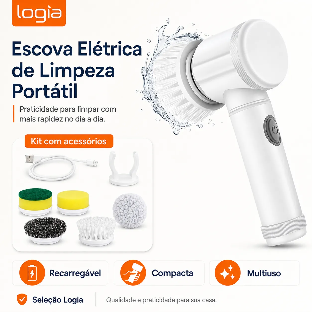 Escova Giratória Elétrica 5 em 1 Recarregável para Banheiro e Cozinha