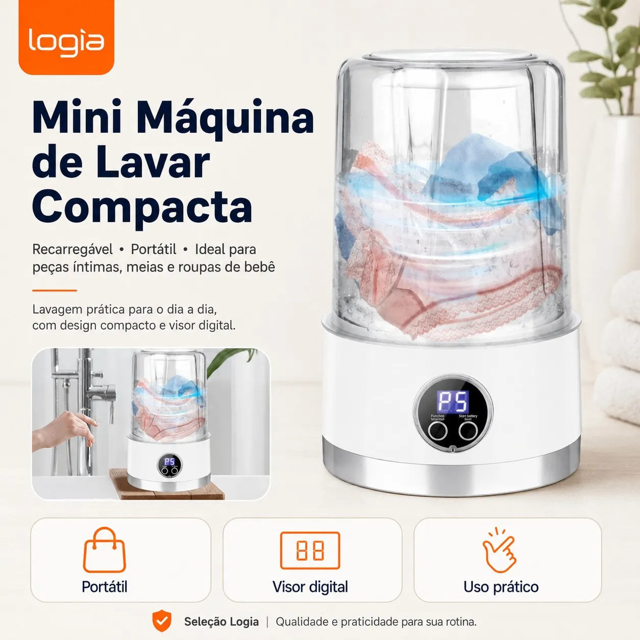 Mini Máquina de Lavar Portátil Recarregável 1000ml para Roupas Íntimas, Meias e Roupas de Bebê