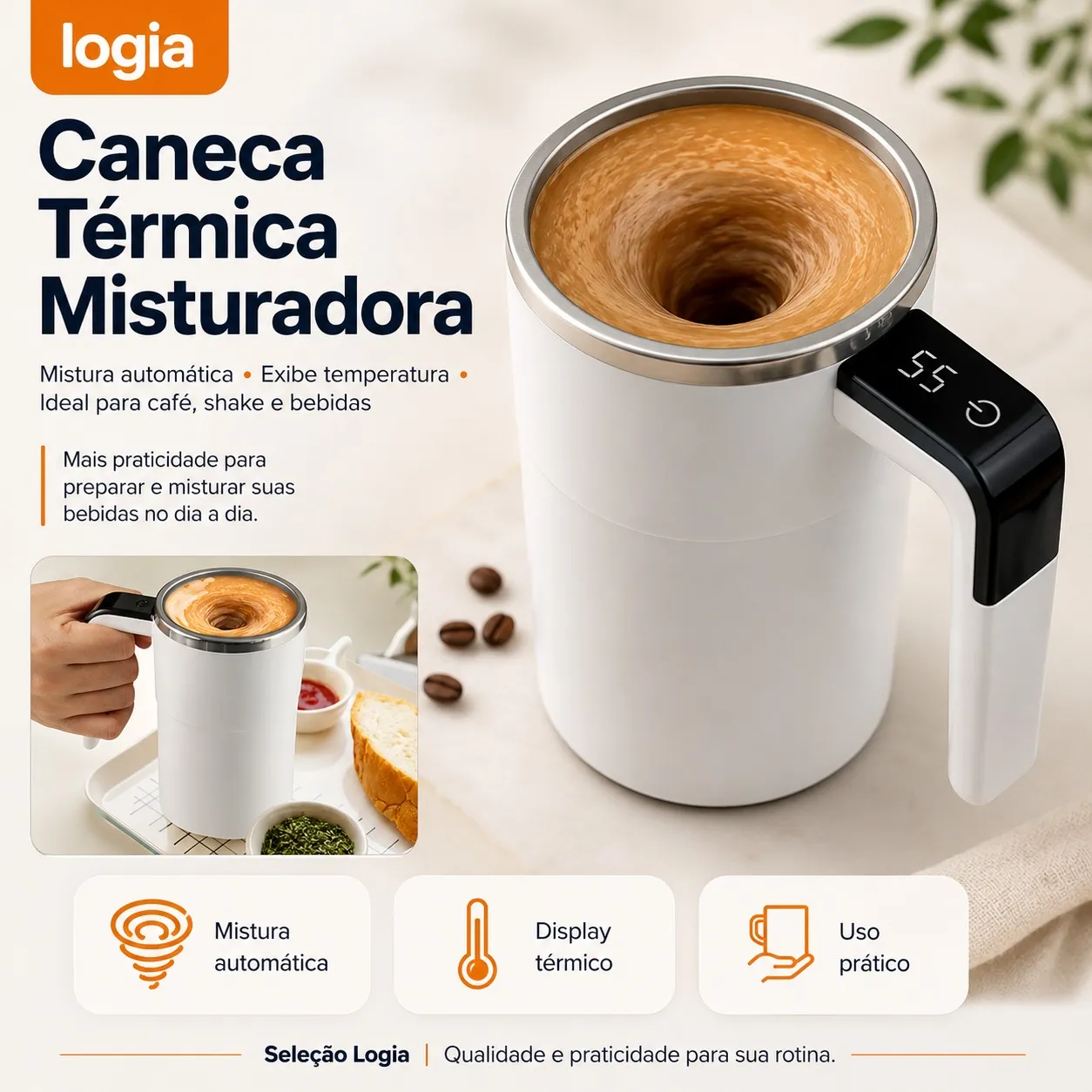 Caneca Térmica Misturador Automático Magnético para Café, Leite e Shake