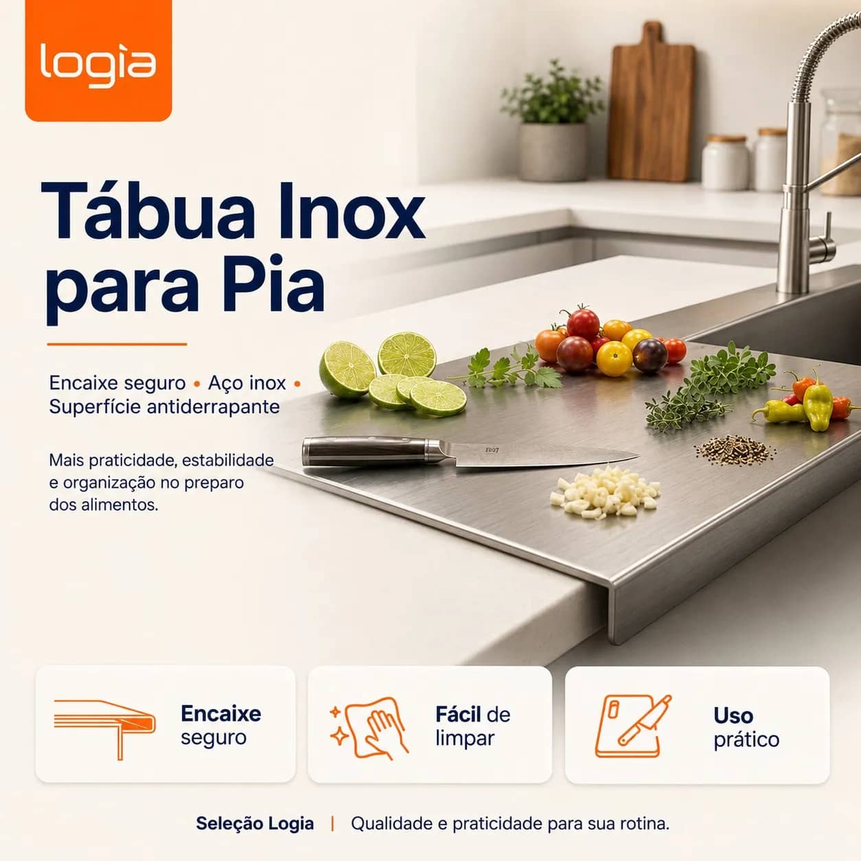 Tábua de Corte Inox para Pia com Encaixe Perfeito para Bancada - Antiderrapante e Segura