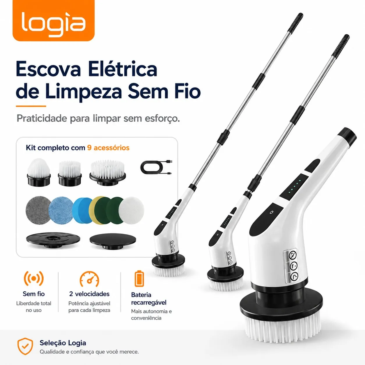 Escova Elétrica de Limpeza 9 em 1 Sem Fio Recarregável com Haste Ajustável
