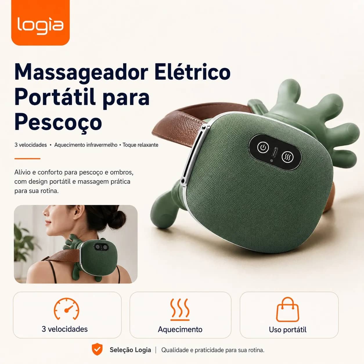 Massageador Elétrico Portátil para Pescoço com Aquecimento Infravermelho e 3 Intensidades