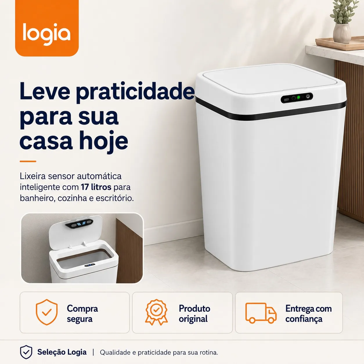 Lixeira Inteligente Automática 17 Litros com Sensor de Aproximação e Abertura Automática